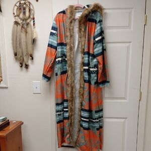 Long Hooded Faux Fur-Trim Varsity Coat in Orange & Teal